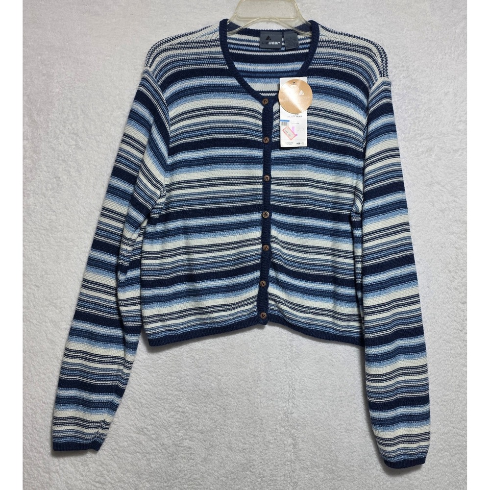 Lizwear Holiday Blues Striped Cotton Cardigan Sweater Blue White Large NEW